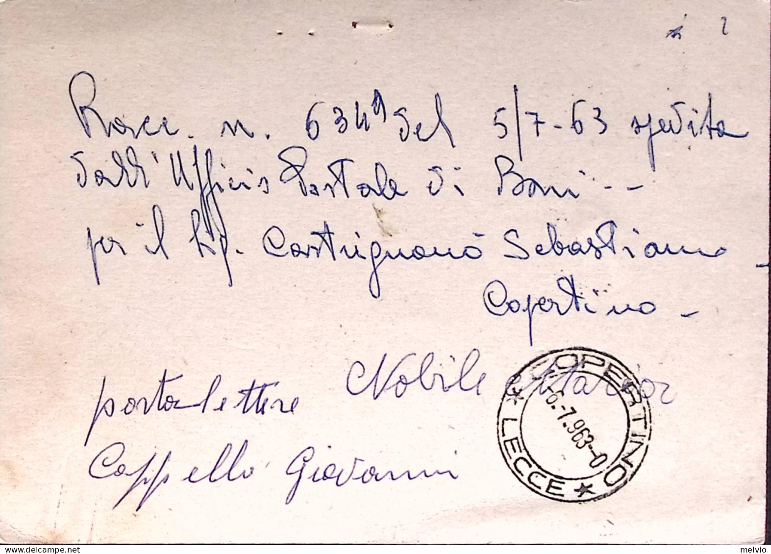 1963-Cartolina Postale Siracusana Lire 25 Usata Come Avviso Di Ricevimento Bari  - 1961-70: Marcophilia