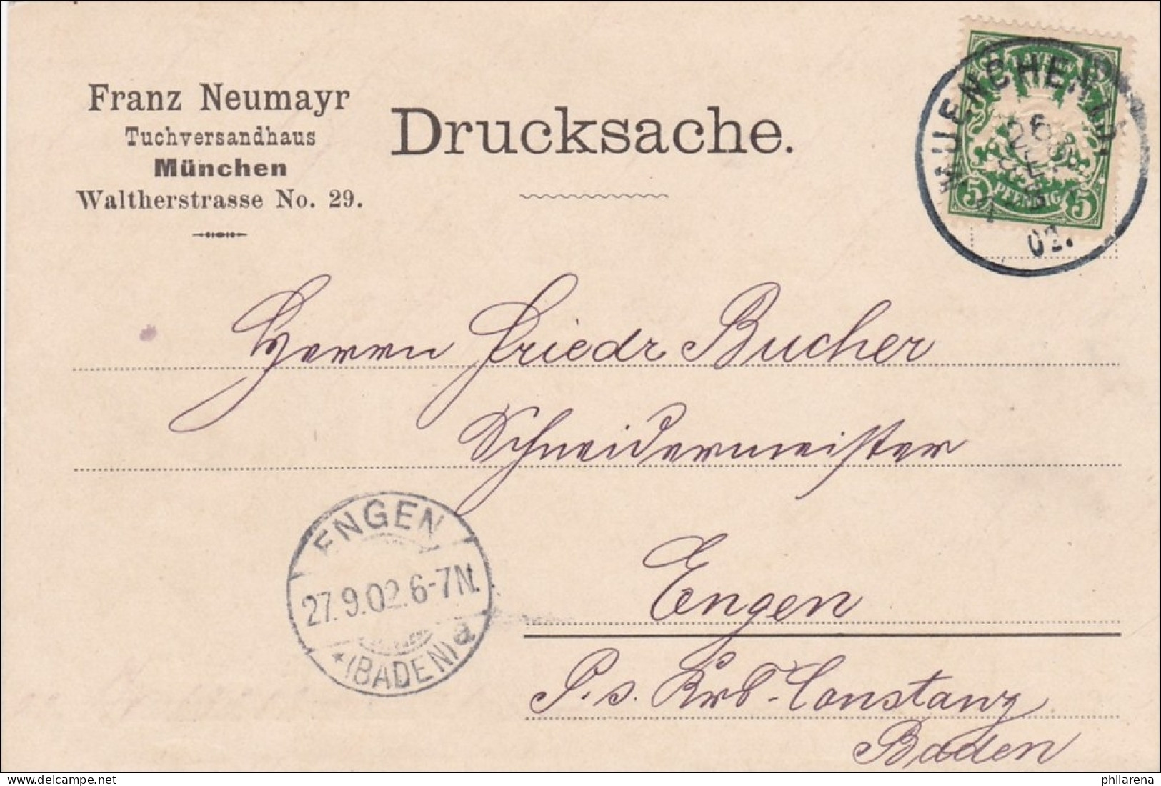 Bayern: 1902, Drucksache Postkarte Von München Nach Engen - Tuchversandhaus - Lettres & Documents