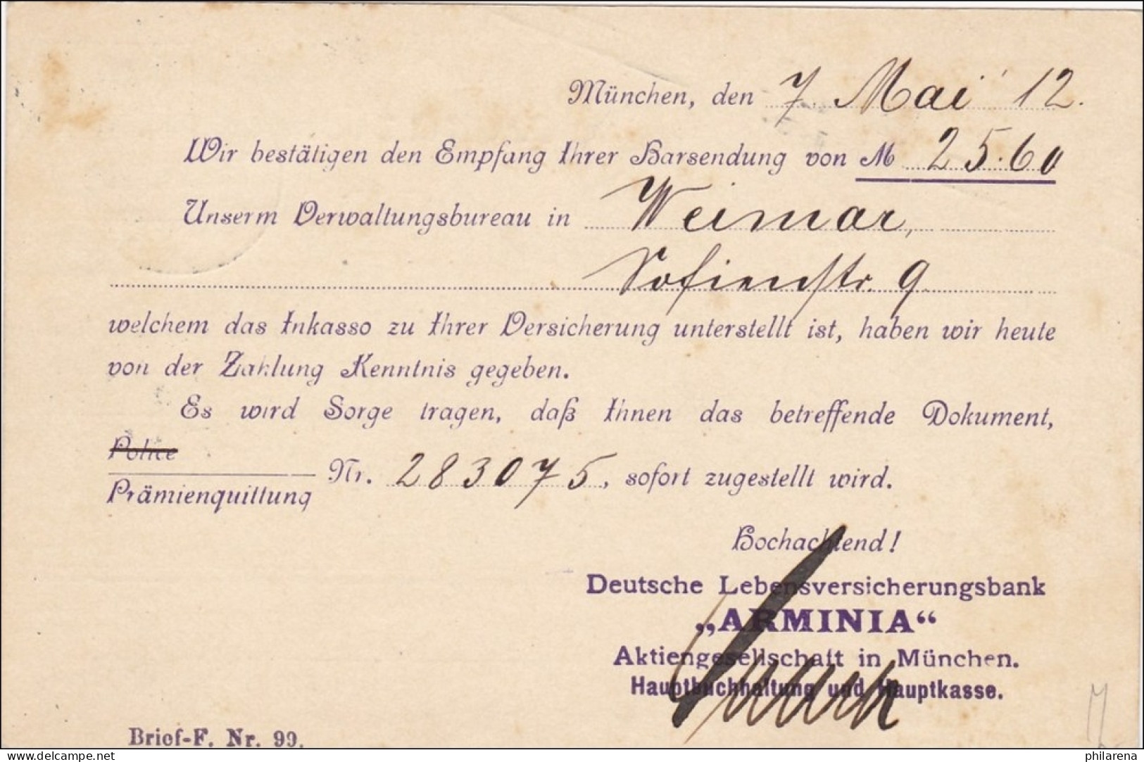 Bayern: 1912 Postkarte Von München Nach Erfurt - Lebensversicherung Arminia - Covers & Documents