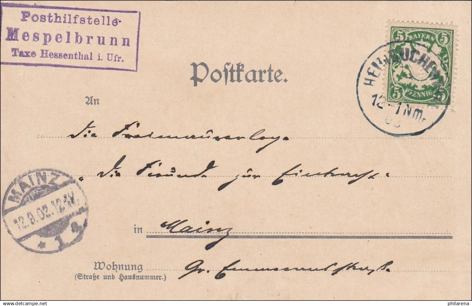 Bayern: 1912, Postkarte Schloss Mespelbrunn (Posthilfsstelle) Nach Mainz - Covers & Documents