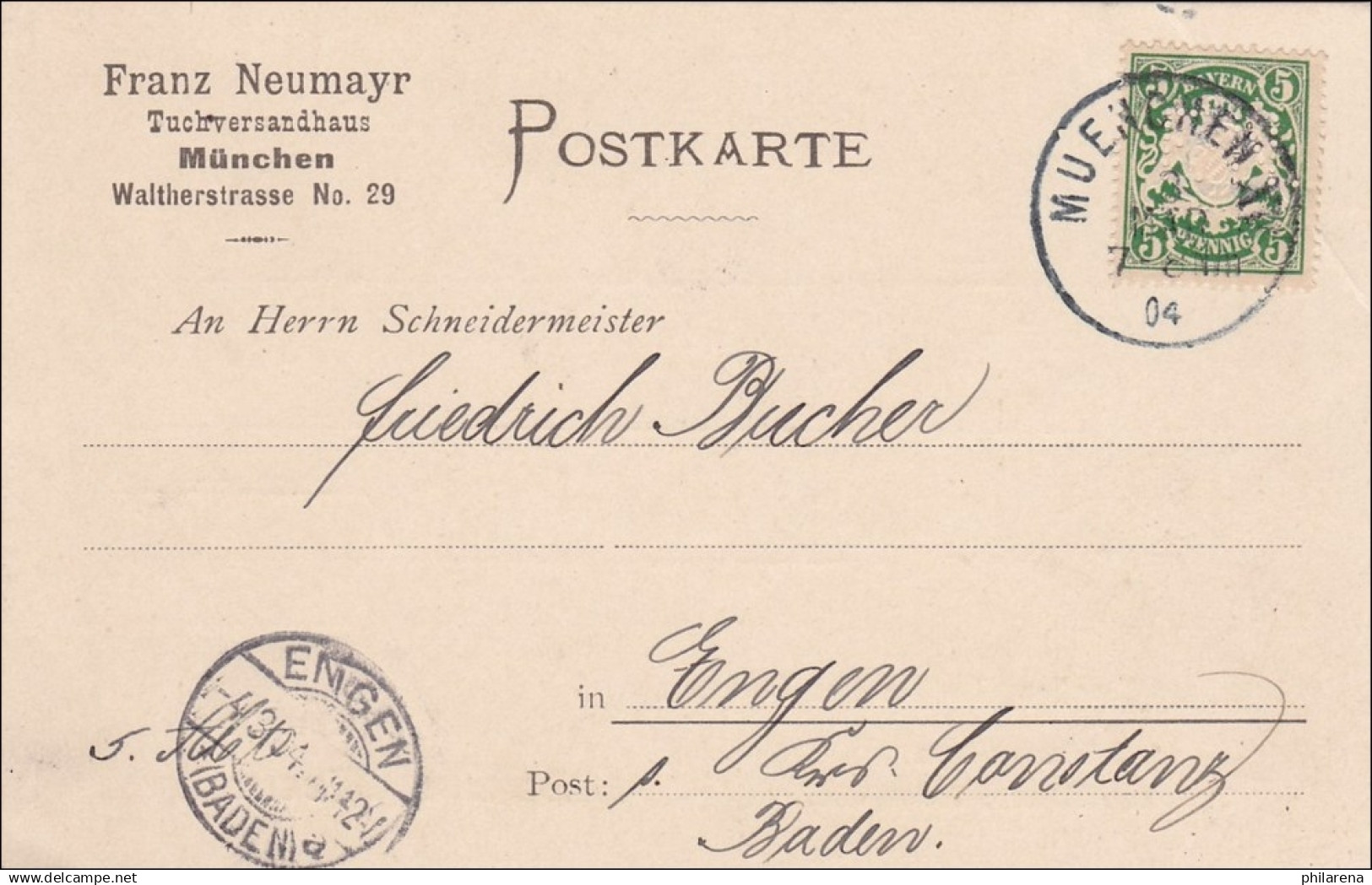 Bayern: 1904, Postkarte Tuchversandhaus München Nach Engen - Covers & Documents