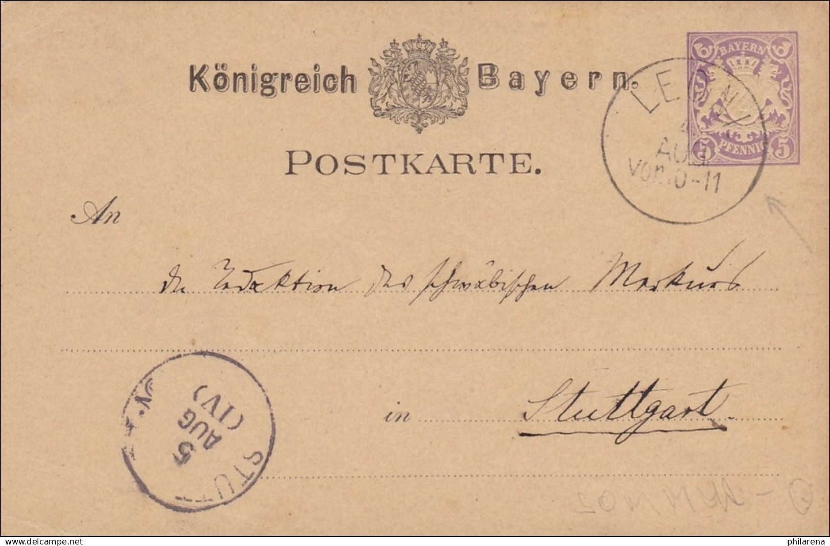 Bayern:  Ganzsache  Königreich Von Rottmannshöhe/Leoni 1879 Nach Stuttgart - Covers & Documents