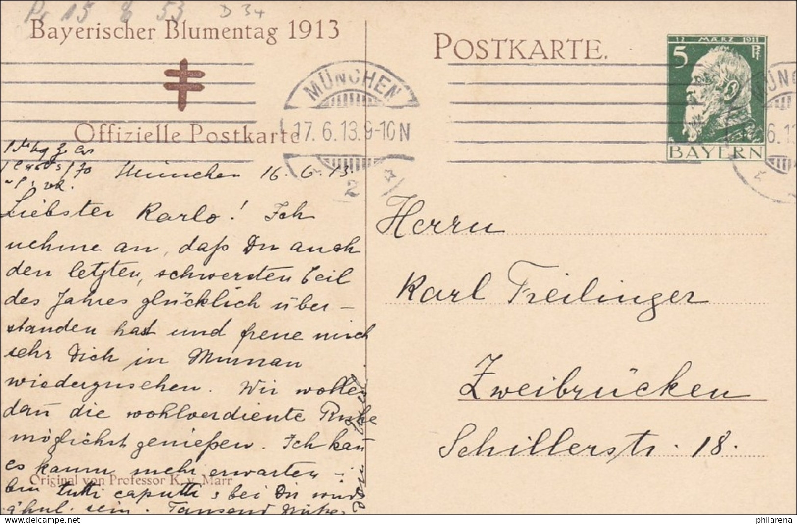 Bayern:  Ganzsache  Bayrischer Blumentag 1913 - Lettres & Documents