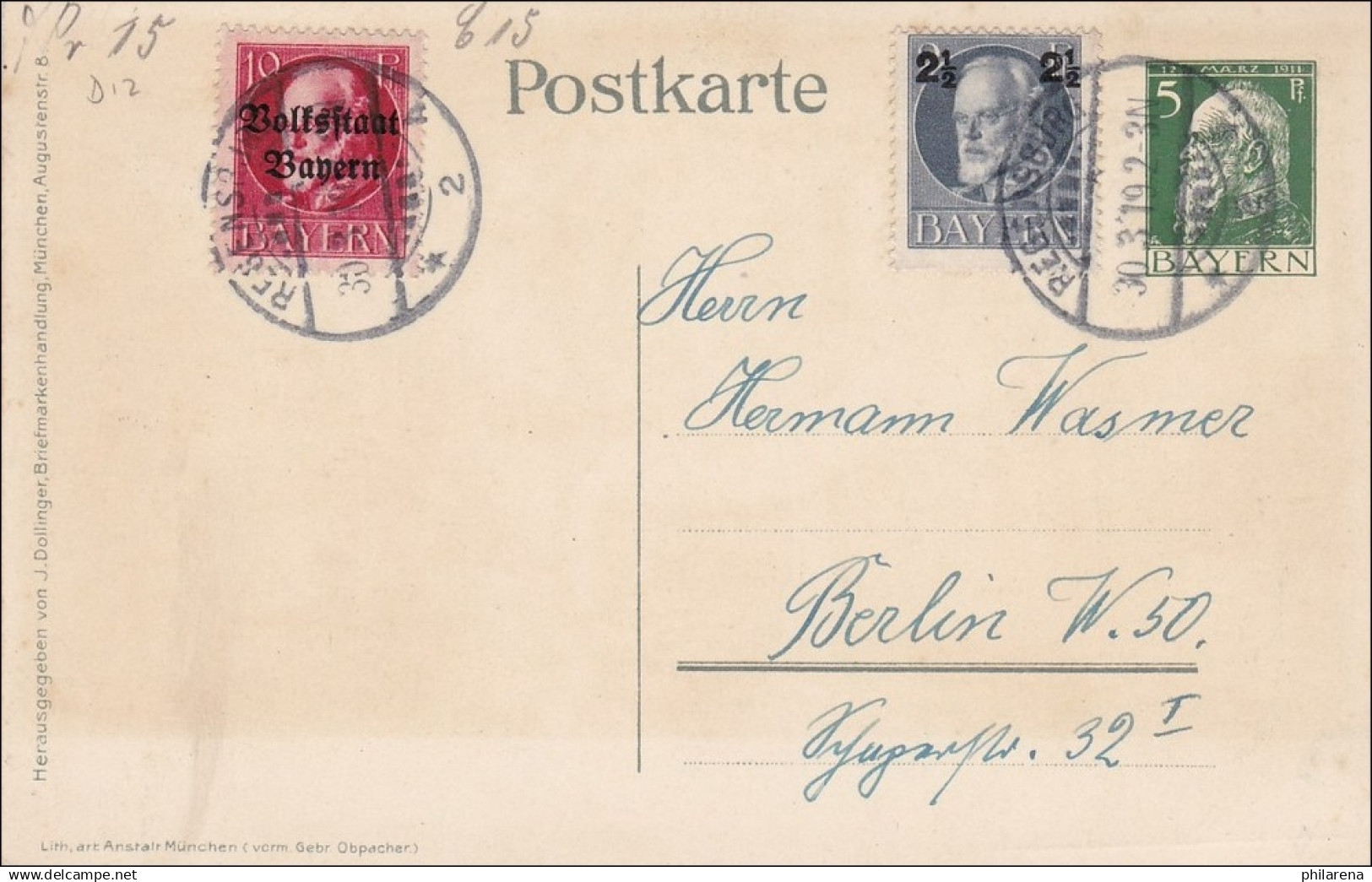 Bayern:  Ganzsache Regensburg - Berlin 1919 - Lettres & Documents