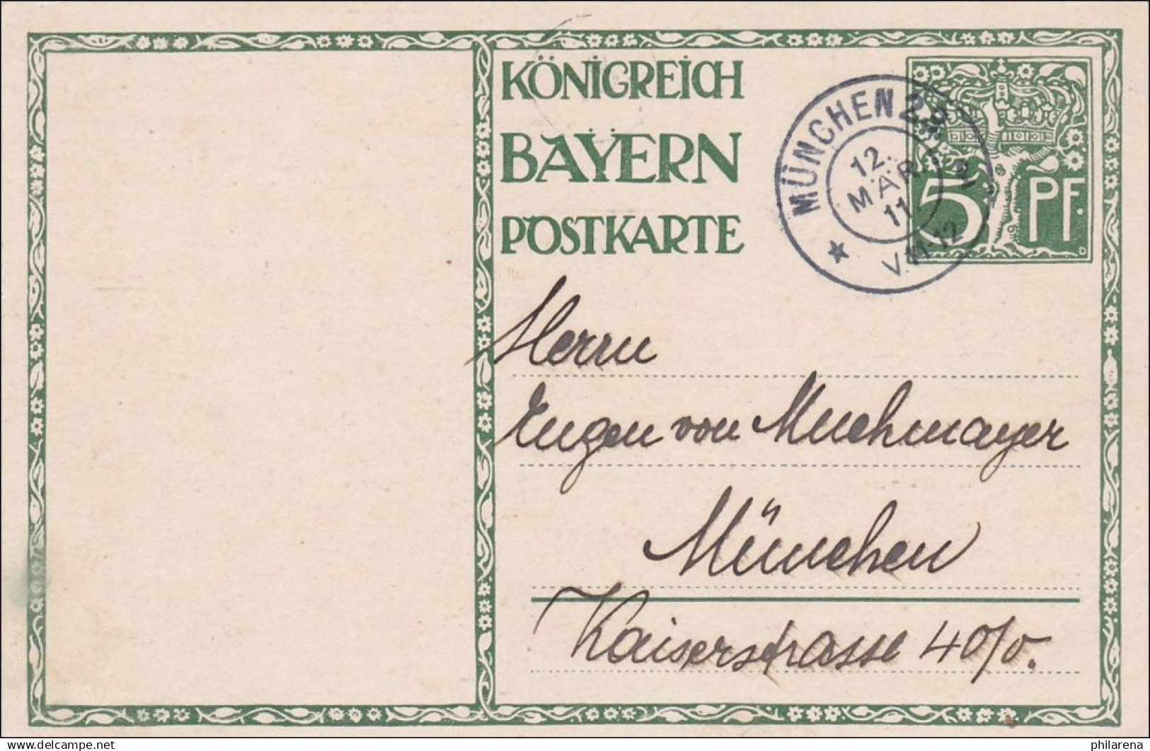 Bayern:  Ganzsache  12.3.1911 - Covers & Documents