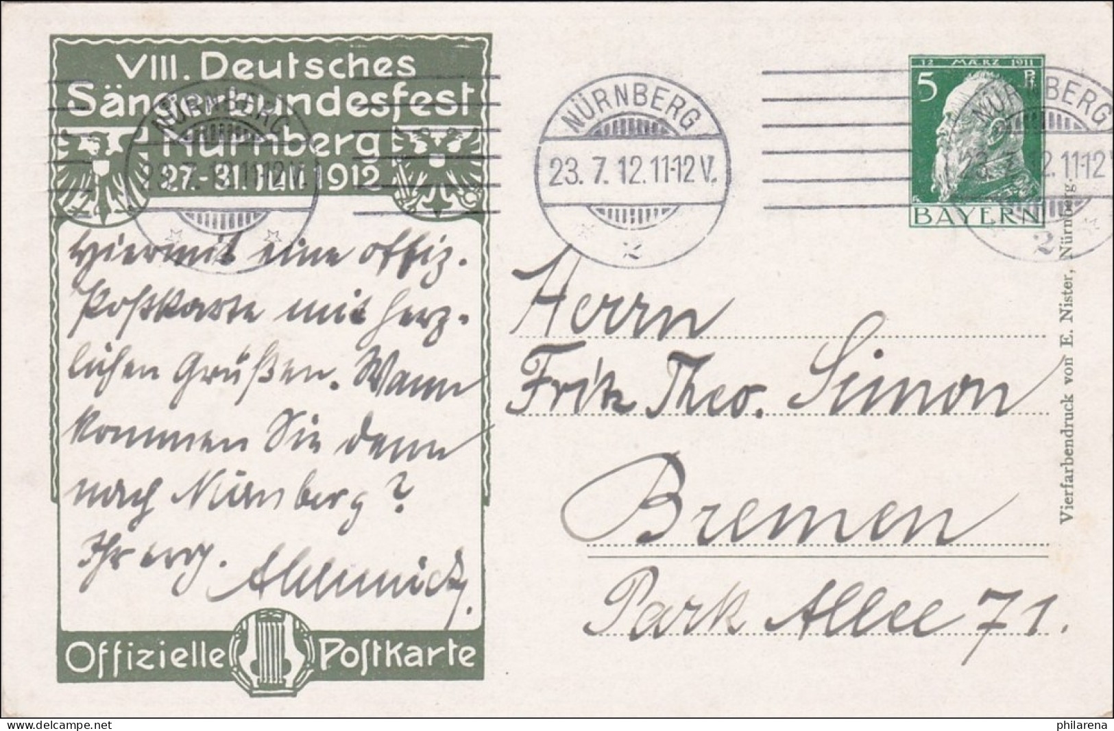 Bayern:  Ganzsache  1912 VIII. Deutsches Sängerbundfest In Nürnberg - Covers & Documents