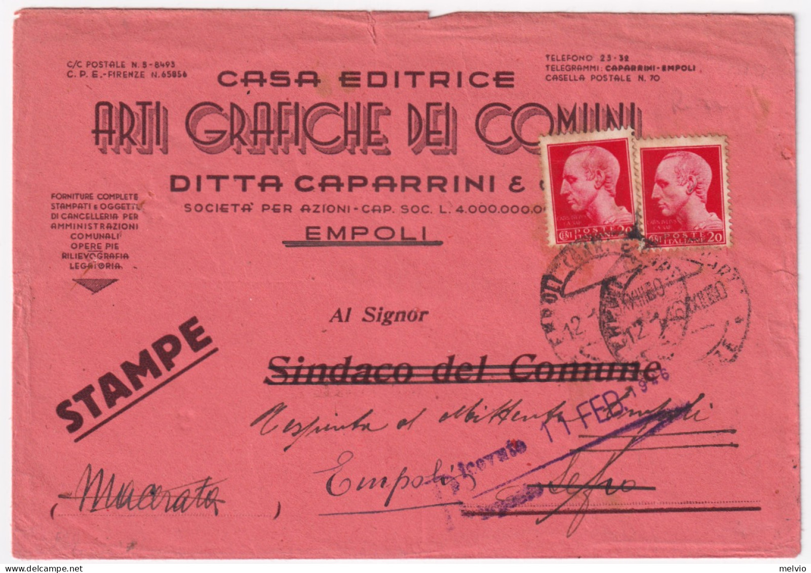 1946-Imperiale Senza Fasci Roma Due C. 20 (529) Su Stampe Empoli (12.1) - 1946-60: Marcophilia