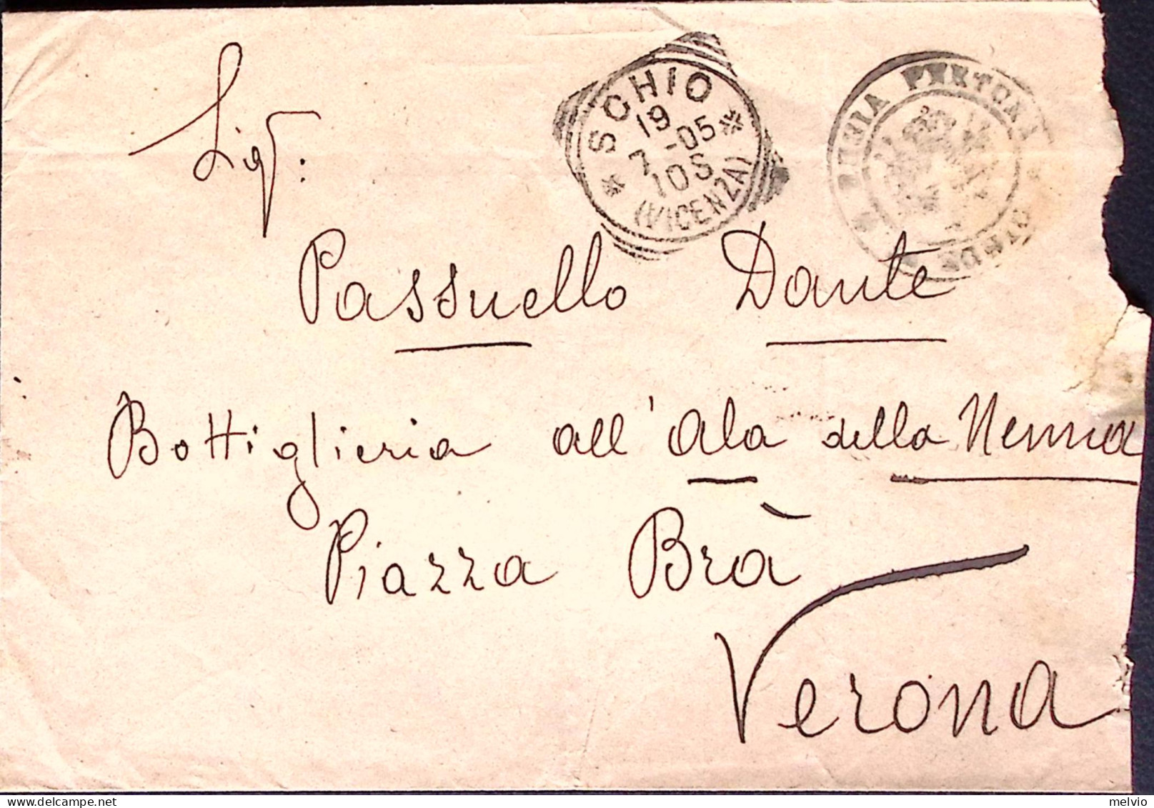 1905-SCHIO Tondo Riquadrato (19.7) Su Busta Affrancata Al Verso Floreale Coppiac - Marcophilia