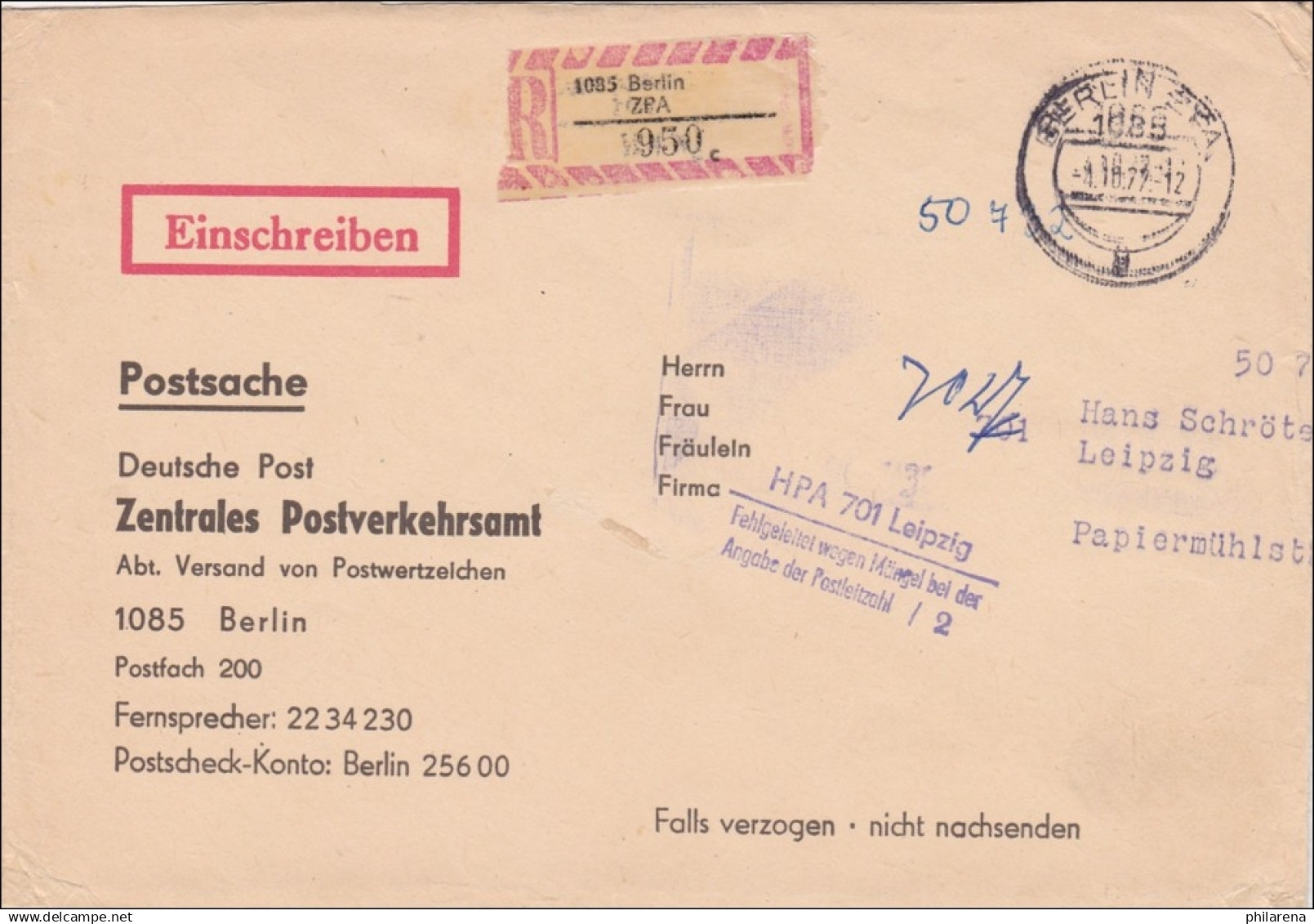 1977:Postsache Einschreiben Berlin Nach Leipzig-Fehlgeleitet Mängel Bei Der PLZ - Lettres & Documents