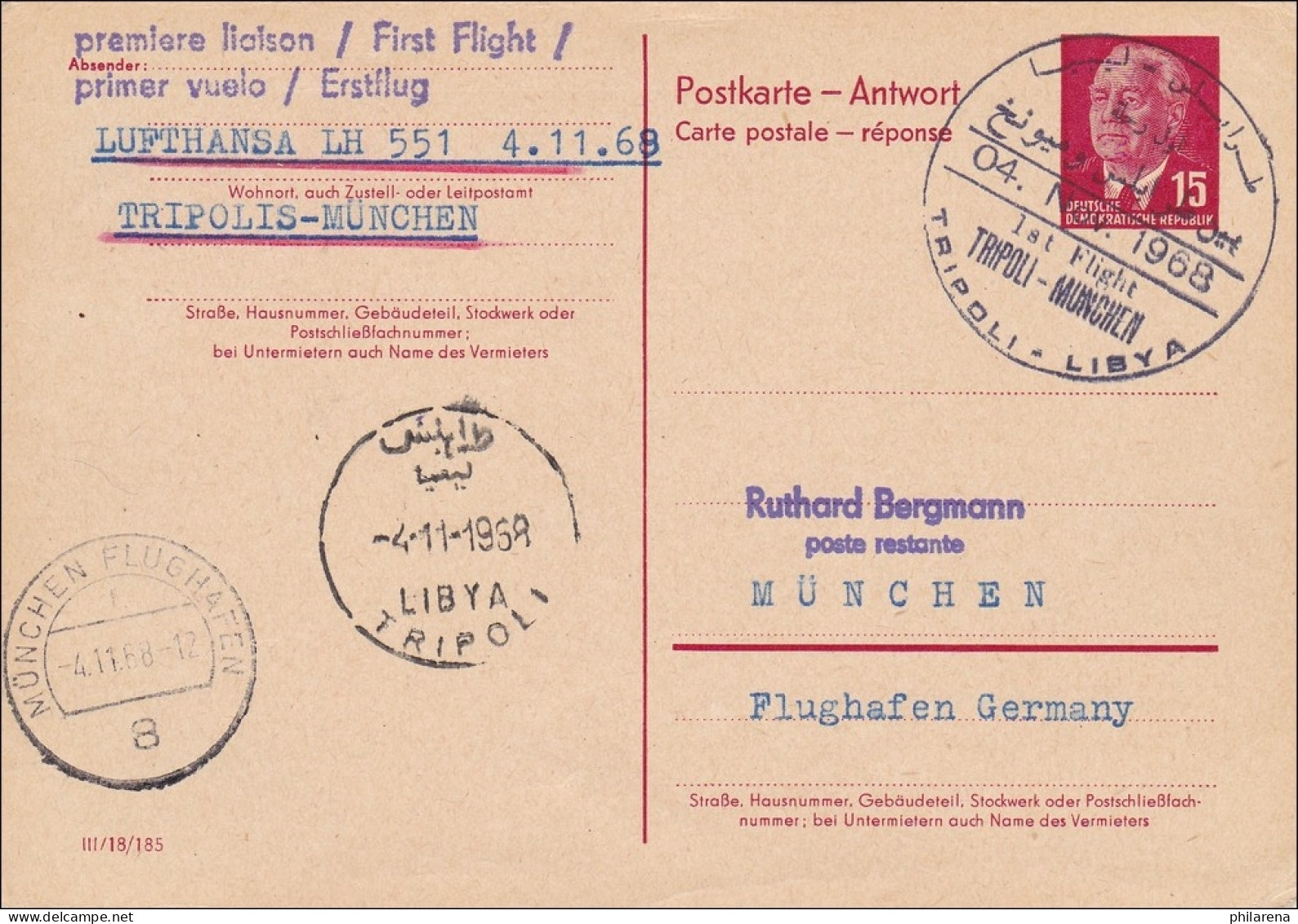 DDR: 1968: Antwort Ganzsache Aus Libyen Nach München - Lettres & Documents
