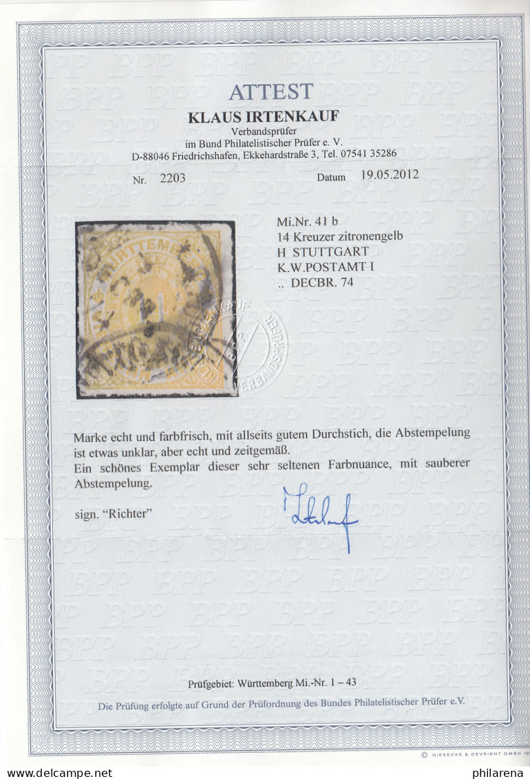 Württemberg: MiNr. 41b, Gestempelt  Mit BPP Fotoattest - Oblitérés