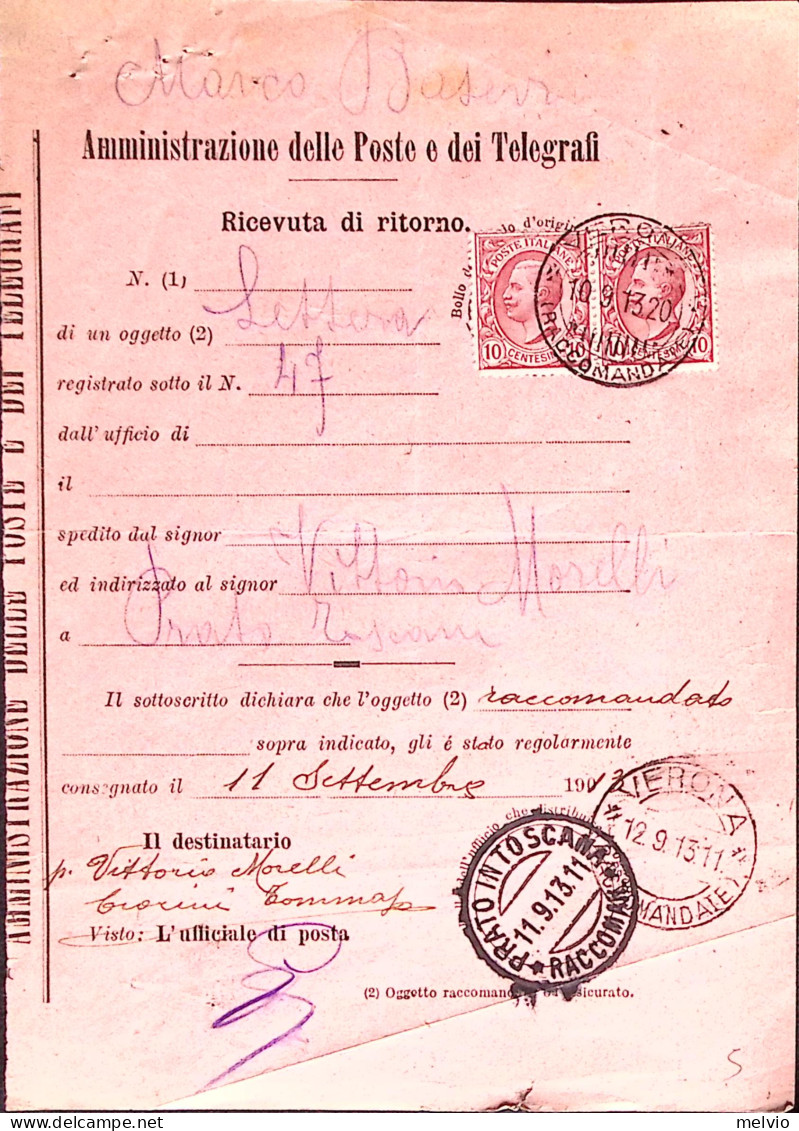 1913-LEONI Coppia C.10, Su Avviso Ricevimento Prato (11.9) - Marcophilie