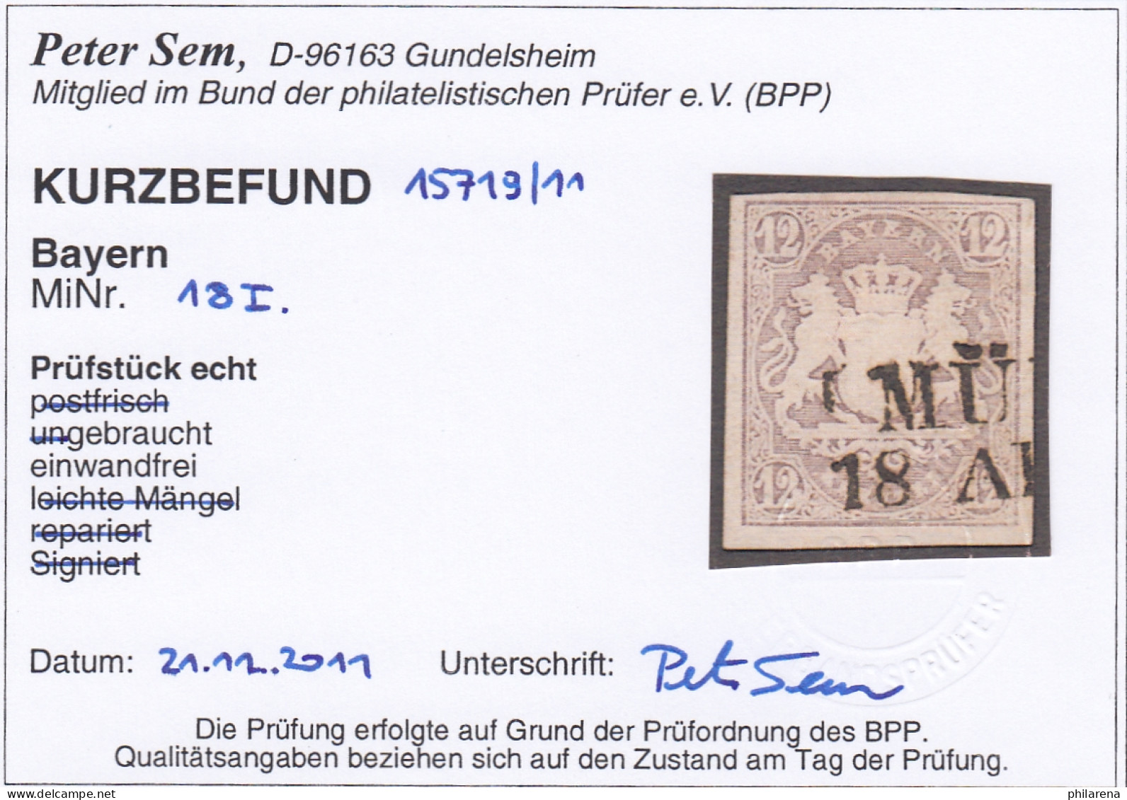 Bayern: MiNr. 18I, Gestempelt Mit BPP Kurzbefund - Used