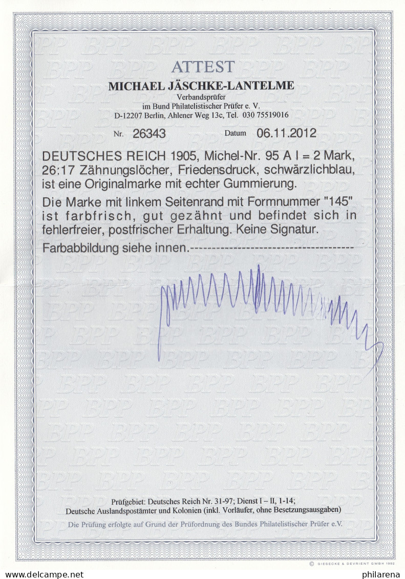 Deutsches Reich: MiNr. 95 AI, Platte Nr. 145,  Postfrisch Mit BPP Attest - Unused Stamps