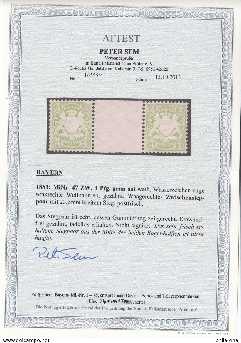 Bayern: MiNr.47 ZW, Postfrisch, BPP Attest - Mint