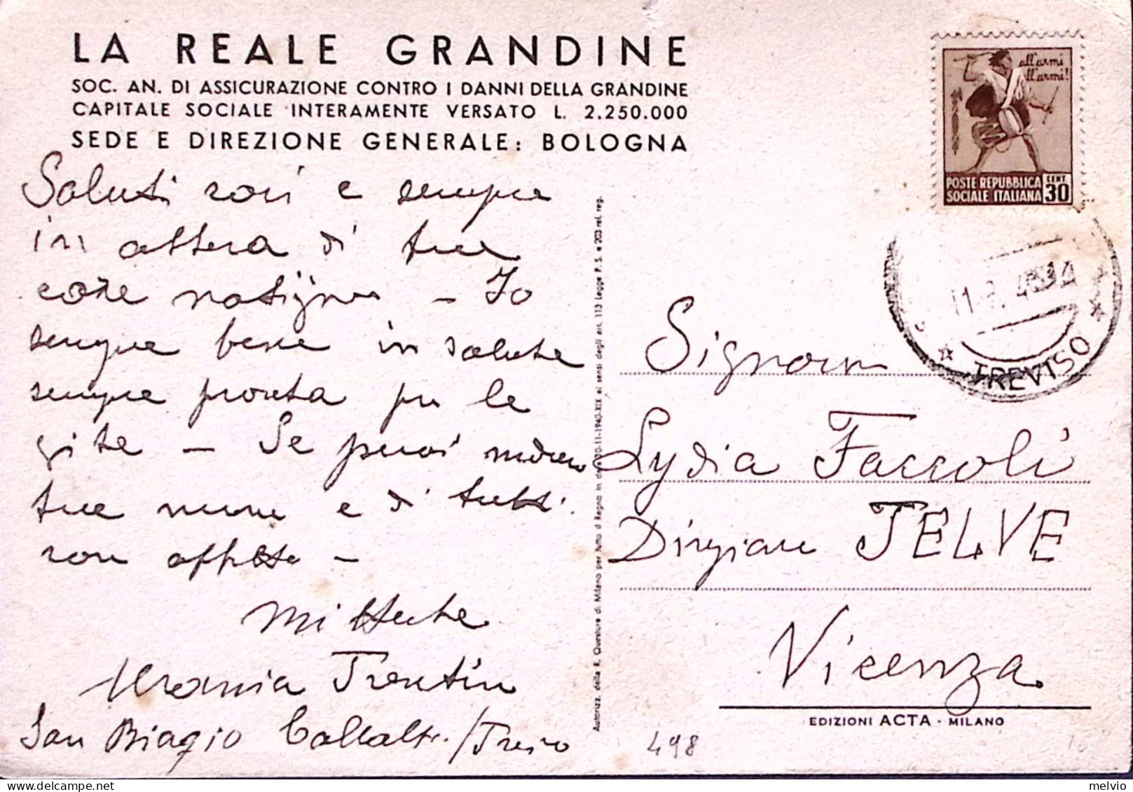 1944-R.S.I. Monumenti C.30 Su Cartolina Viaggiata - Storia Postale