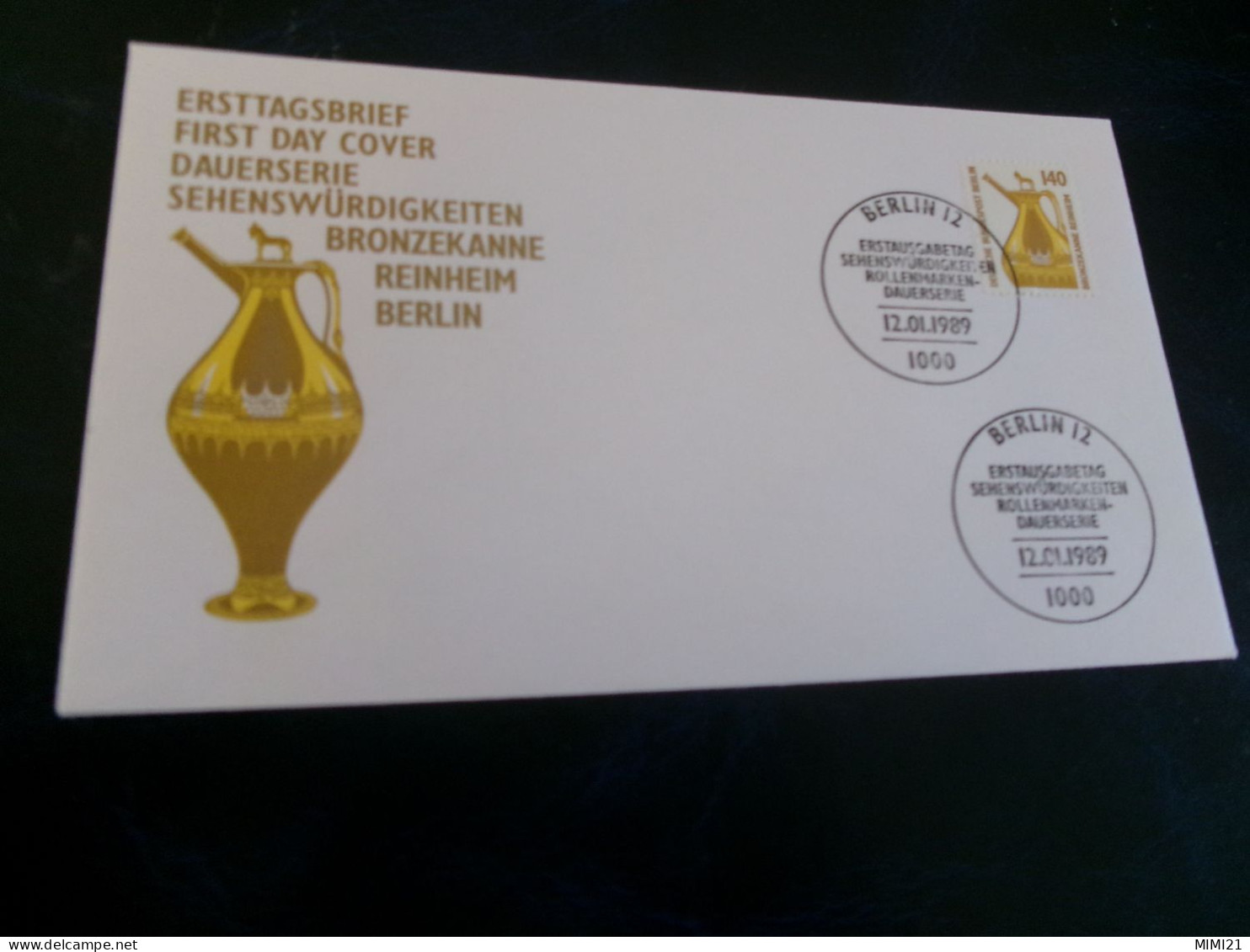 BELLE ENVELOPPE 1ER JOUR FDC "DAUERSERIE SEHENSWURDIGKEITEN BRONZEKANNE REINHEIM BERLIN" ..CACHET BERLIN 12-01-1989 - 1981-1990