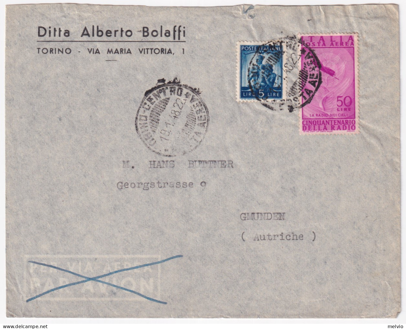 1948-Posta Aerea RADIO Lire 50 (141) + Democratica Lire 5 Su Busta Torino (19.1) - 1946-60: Marcofilia