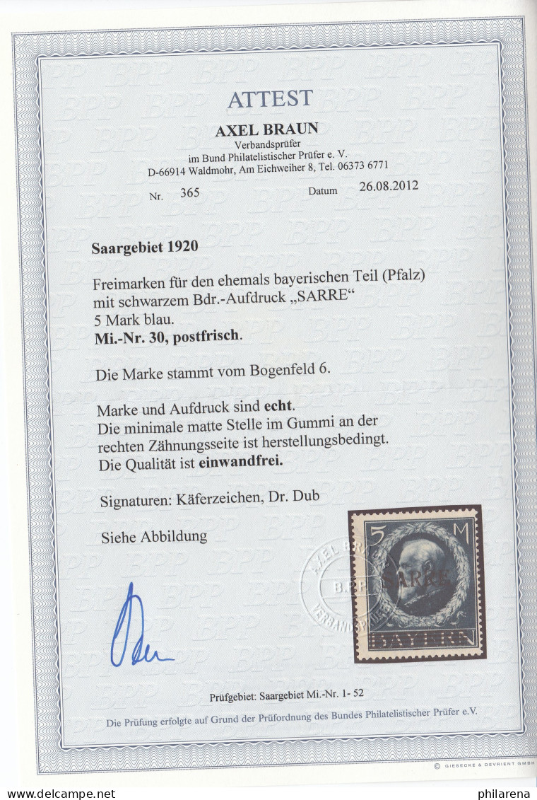 Saarland: MiNr. 30, **, BPP Attest - Unused Stamps