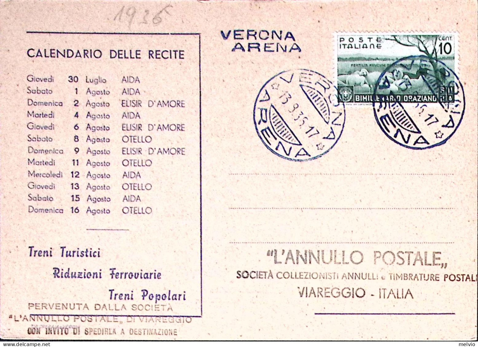 1935-VERONA Arena Programmazione Manifestazione, Viaggiata Su Cartolina, Annullo - Musique