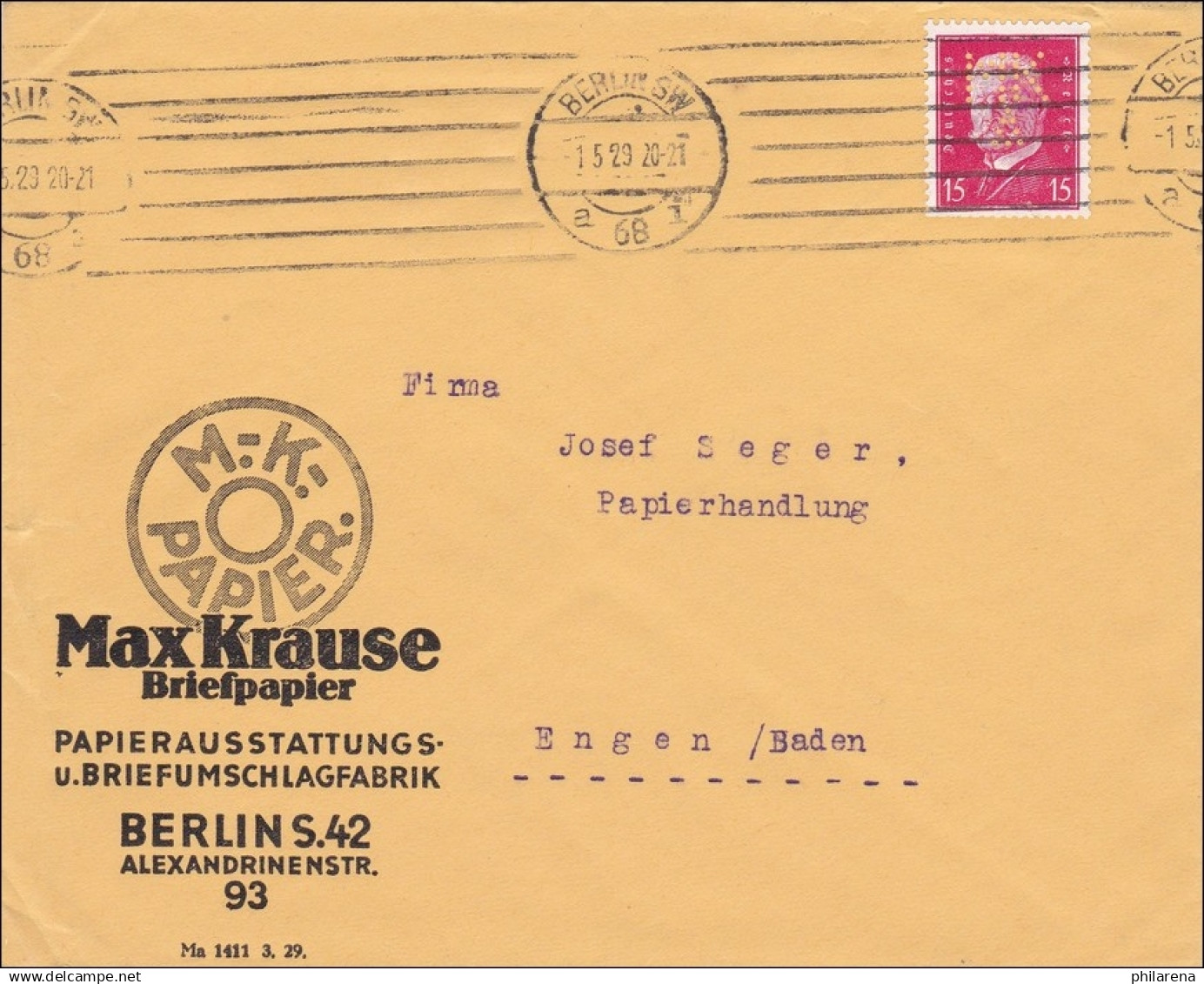 Perfin: Brief Aus Berlin, Max Krause, Briefpapier, 1929, MK - Briefe U. Dokumente