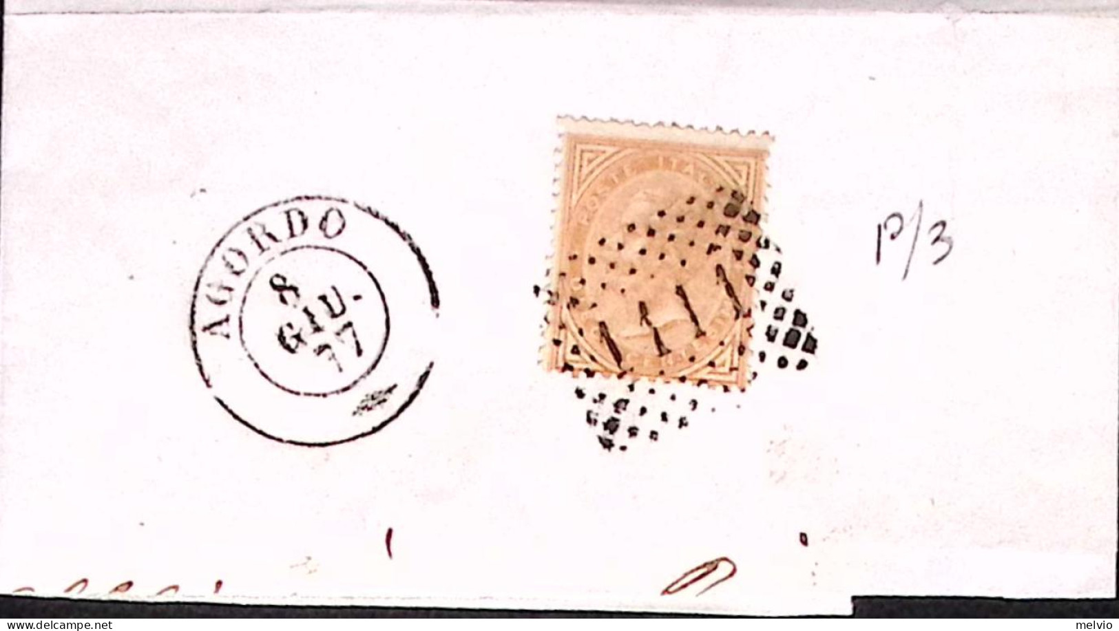 1877-(F=on Piece) AGORDO C.2 +punti (8.6) Su Largo Frammento, Affrancato C.10 - Marcophilie