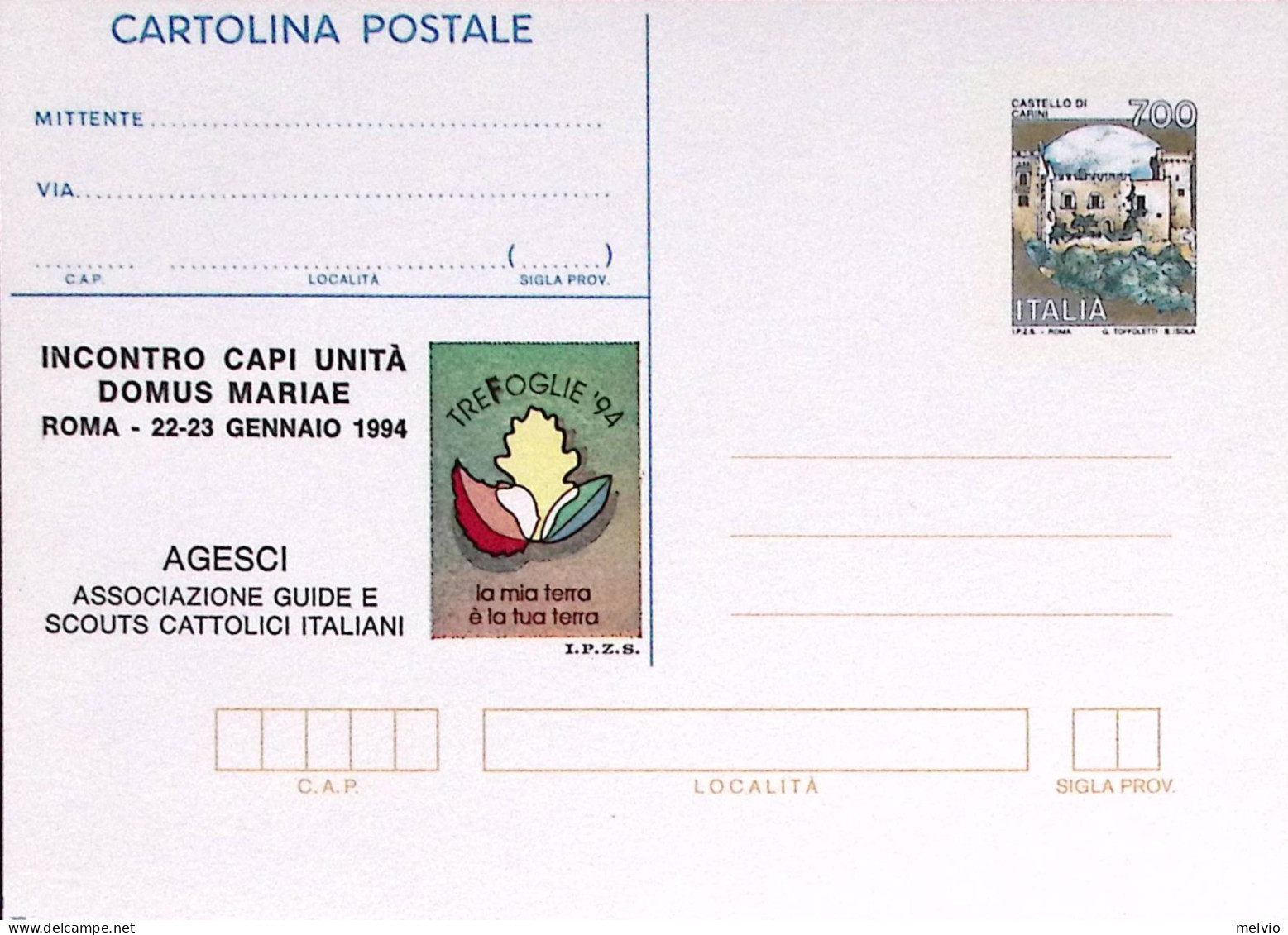 1994-Cartolina Postale Lire 750 Sopra IPZS AGESCI Domus Mariae Nuova - Entiers Postaux