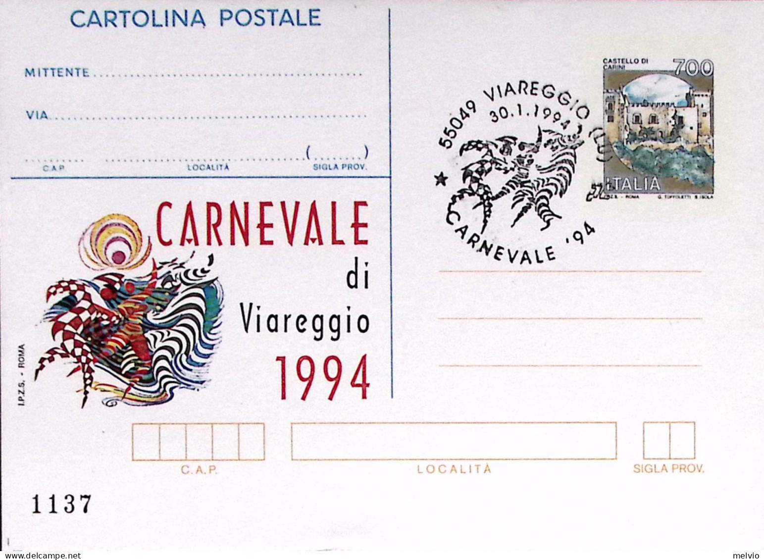 1994-Carnevale Di Viareggio Cartolina Postale Lire 750 Sopra.IPZS Con Annullo Sp - Stamped Stationery