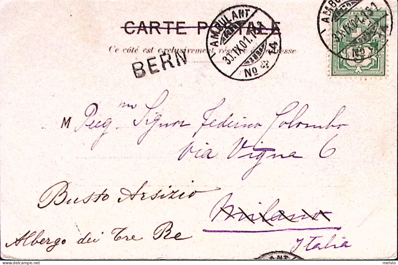 1901-Svizzera Berna SD E Ambulant N 14 C.2 (31.9) Su Cartolina Per L'Italia - Postmark Collection