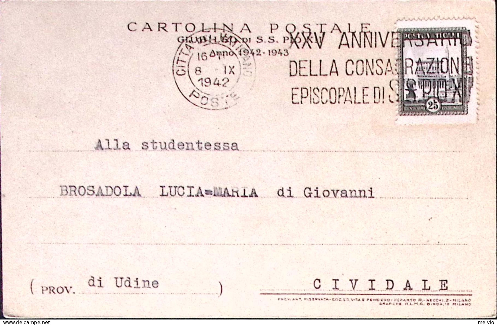1942-VATICANO XXV Anniversario Consacrazione S.Pio X, Annullo Meccanico (8.9) Su - Autres & Non Classés