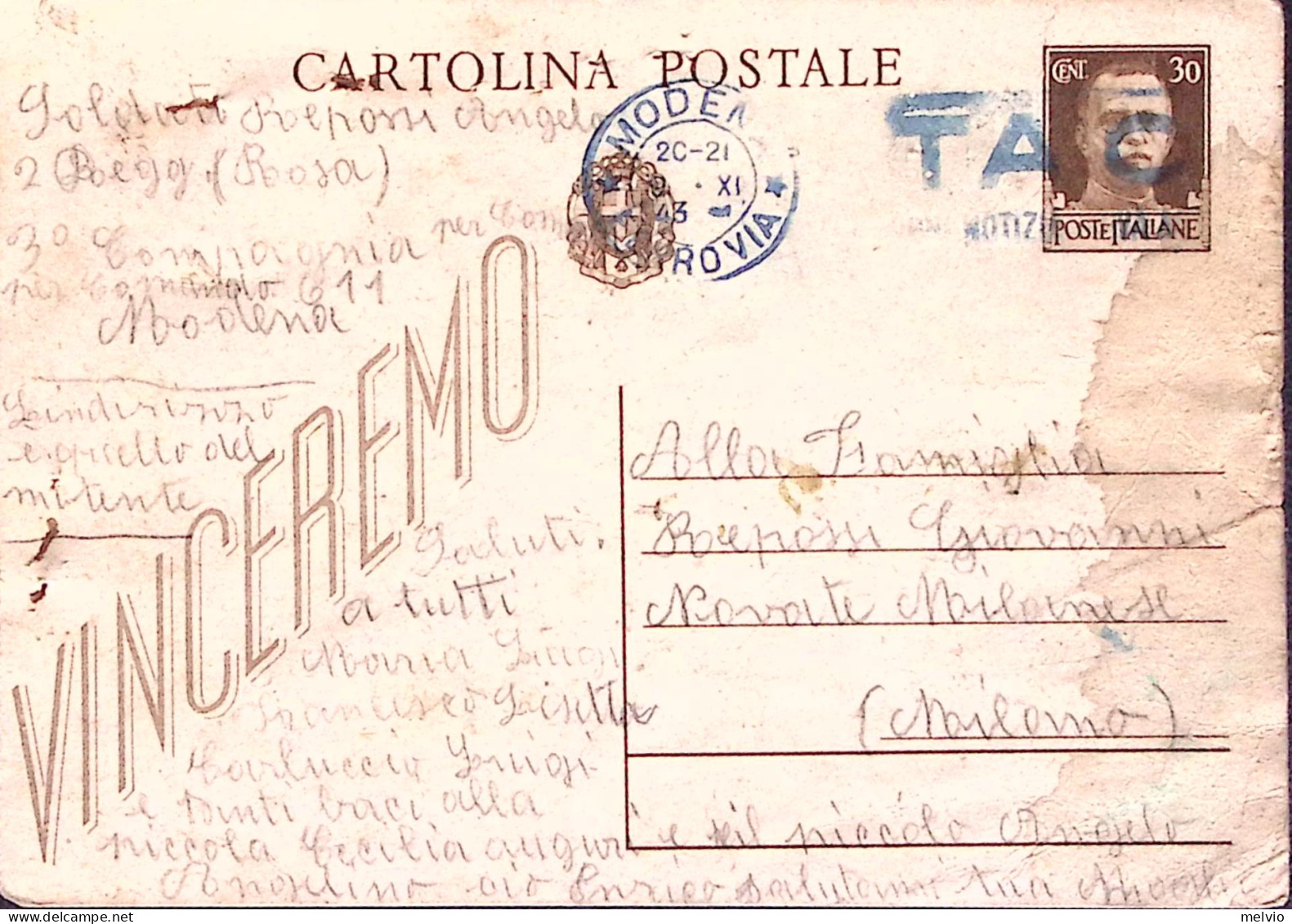 1943-2 REGGIMENTO C.do 611 Modena Su Cartolina Postale Vinceremo Modena (9.11) F - Guerra 1939-45