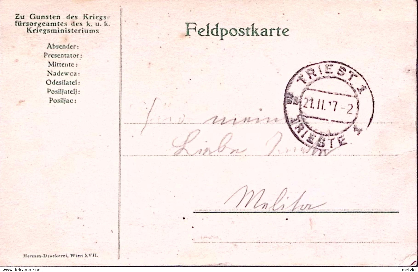 1917-Austria TRIESTE C.2 (21.11) Su Cartolina Franchigia - Other & Unclassified