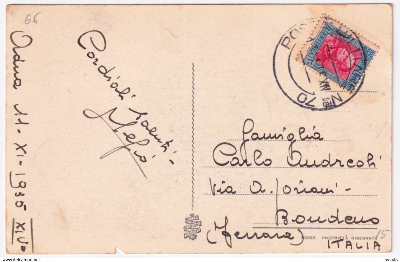 1935-Posta Militare N 70 C.2 (12.11) Su Cartolina (Asmara Valoroso Guerriero) Af - Erythrée