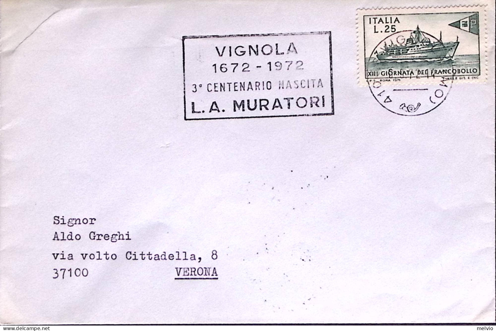 1972-VIGNOLA C.2 (6.9) + 3 ANNIVERSARIO NASCITA MURATORI Annullo A Targhetta Su  - 1971-80: Marcophilia
