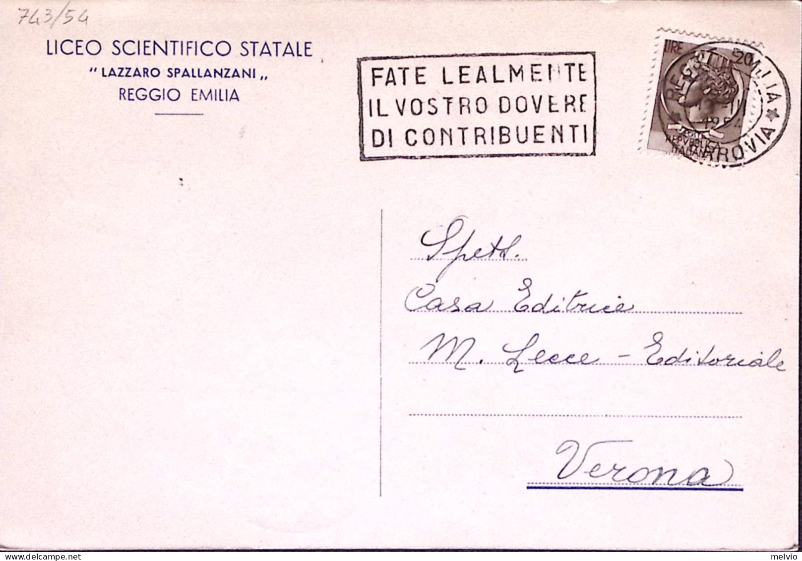 1954-REGGIO EMILIA C.2 (17.3) + DOVERE DI CONTRIBUENTI Annullo Targhetta Su Cart - 1946-60: Marcofilia