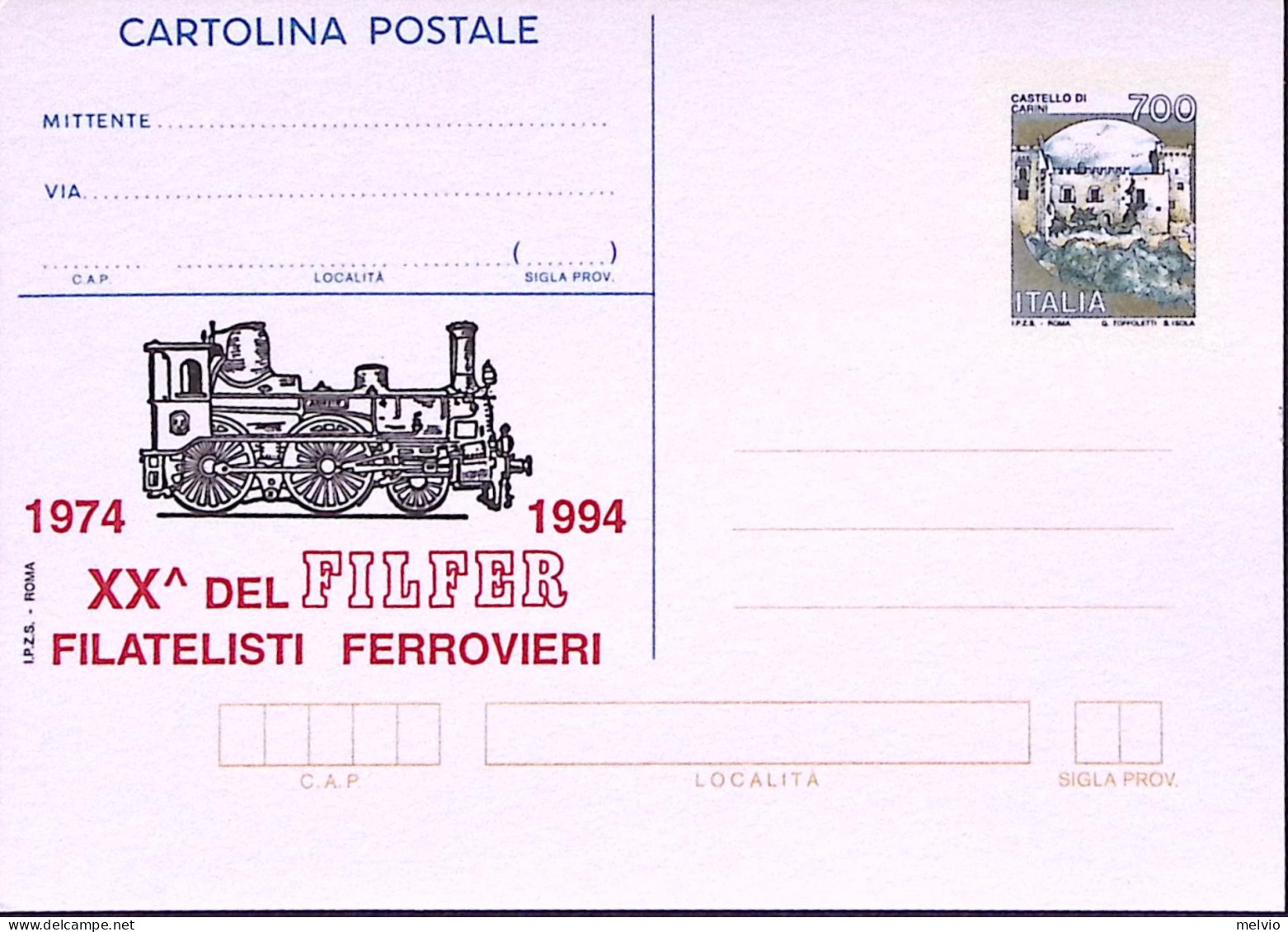 1994-Cartolina Postale, Sopr.IPZS Roma XX Anniversario Filfer, Nuova - Stamped Stationery