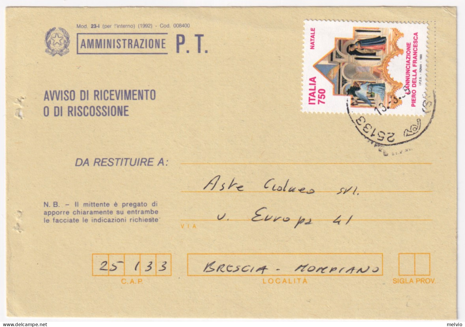 1995-NATALE'93 Lire 750 L Annunciazione (2083) Isolato Su Avviso Ricevimento - 1991-00: Marcophilia