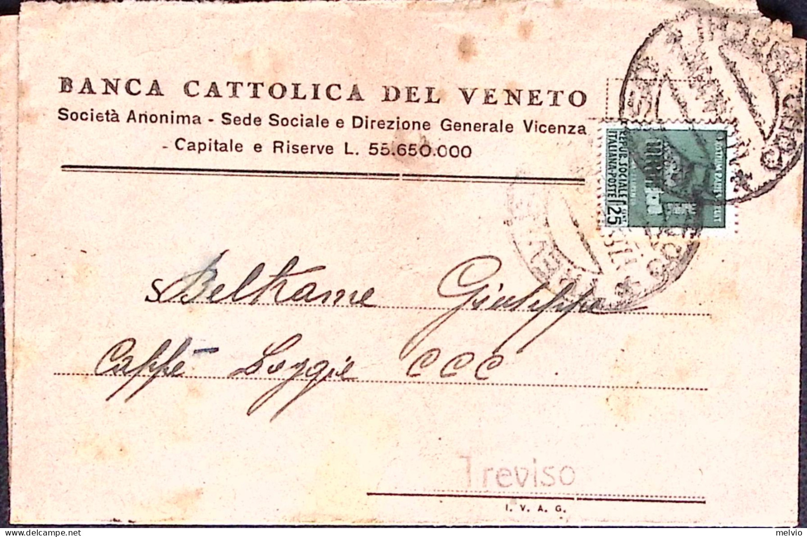 1944-R.S.I. Monumenti C.25 Isolato, Su Biglietto Treviso (17.8) Per Citta' - Marcophilia