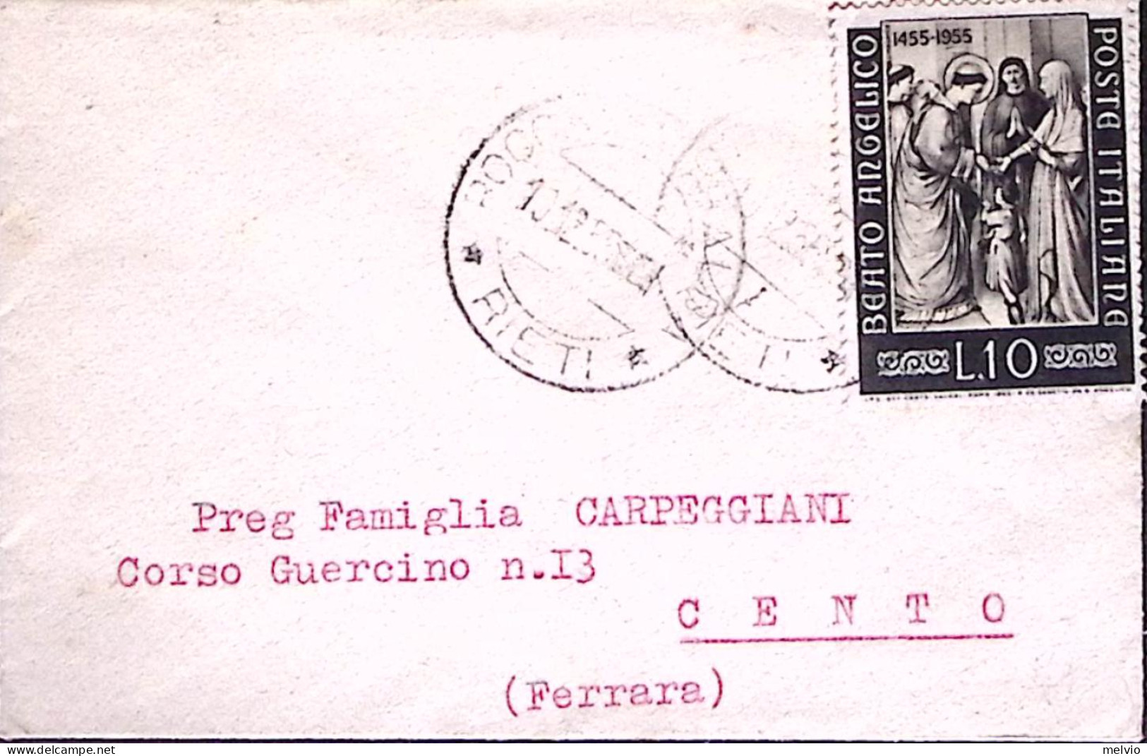 1952-BEATO ANGELICO Lire 10 Isolato Su Biglietto Visita (10.12) - 1946-60: Marcophilia