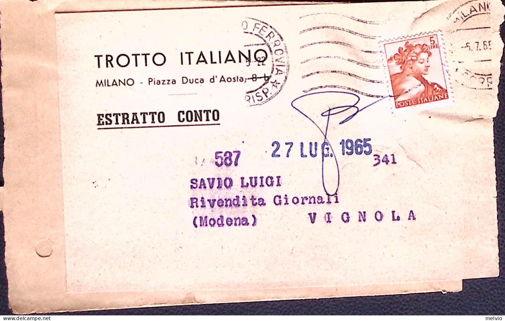 1965-Michelangiolesca Lire 5 Isolato Su Estratto Conto Giornali TROTTO ITALIANO  - 1961-70: Poststempel
