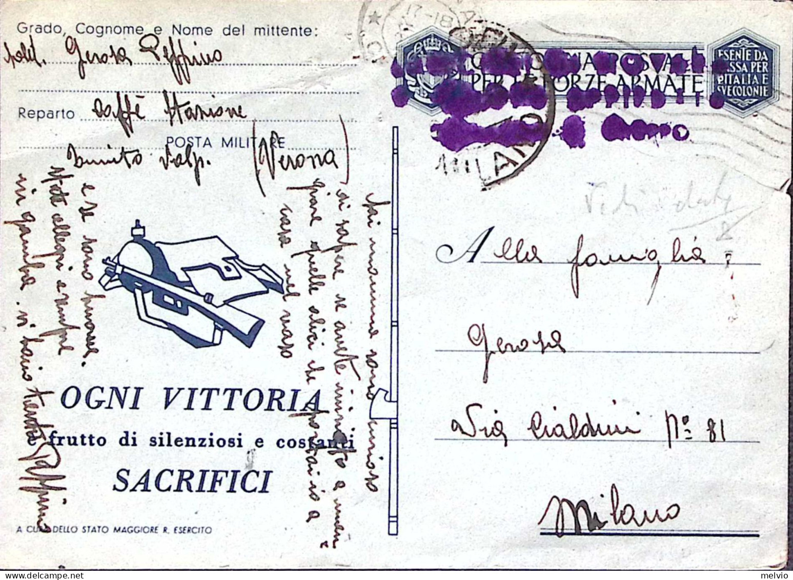 1943-R.S.I. Cartolina Franchigia REGIO ESERCITO Verona (19.10) - Guerra 1939-45