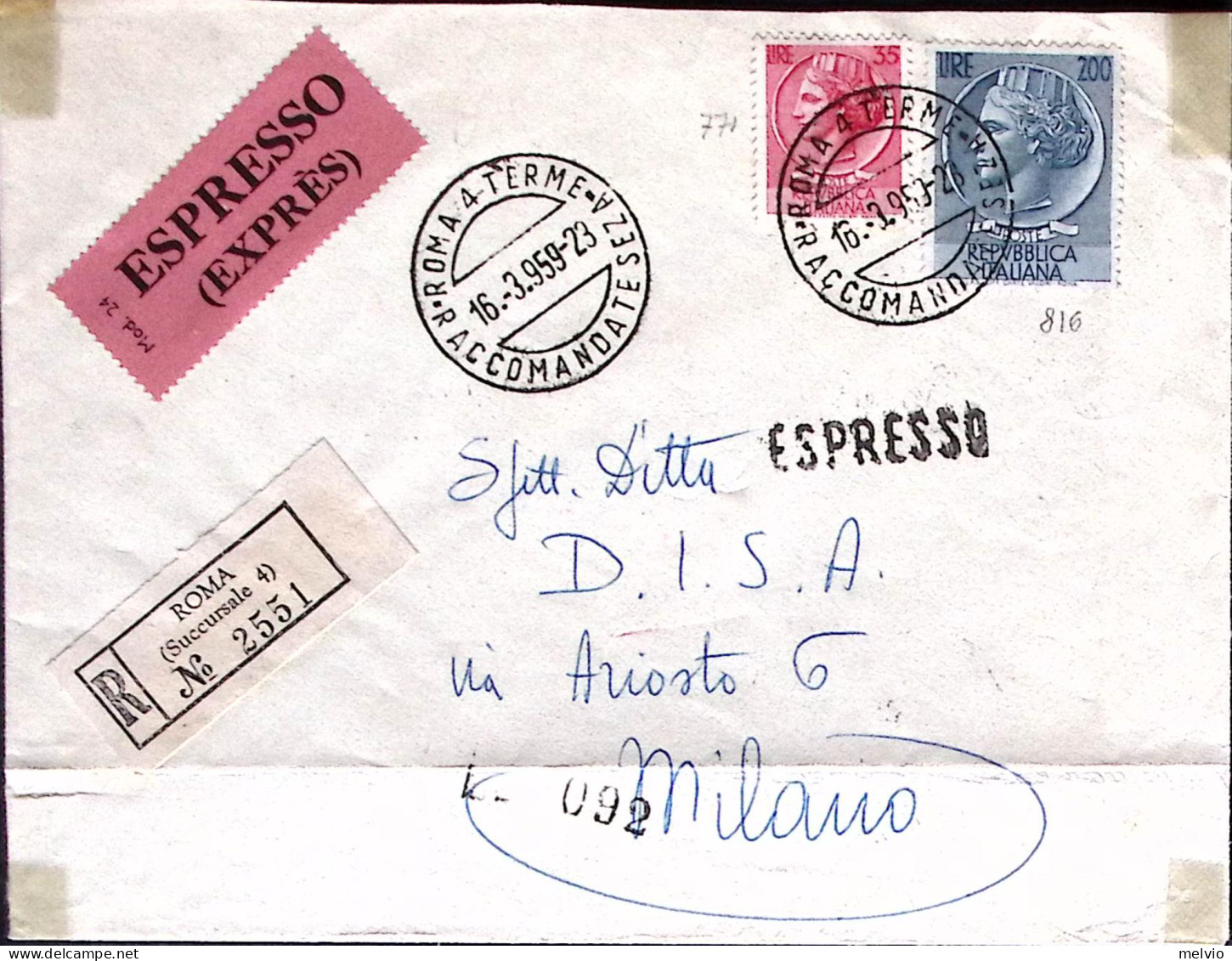 1959-SIRACUSANA Grande Lire 200+Siracusana Lire 35 Su Raccomandata Espresso Roma - 1946-60: Marcophilia