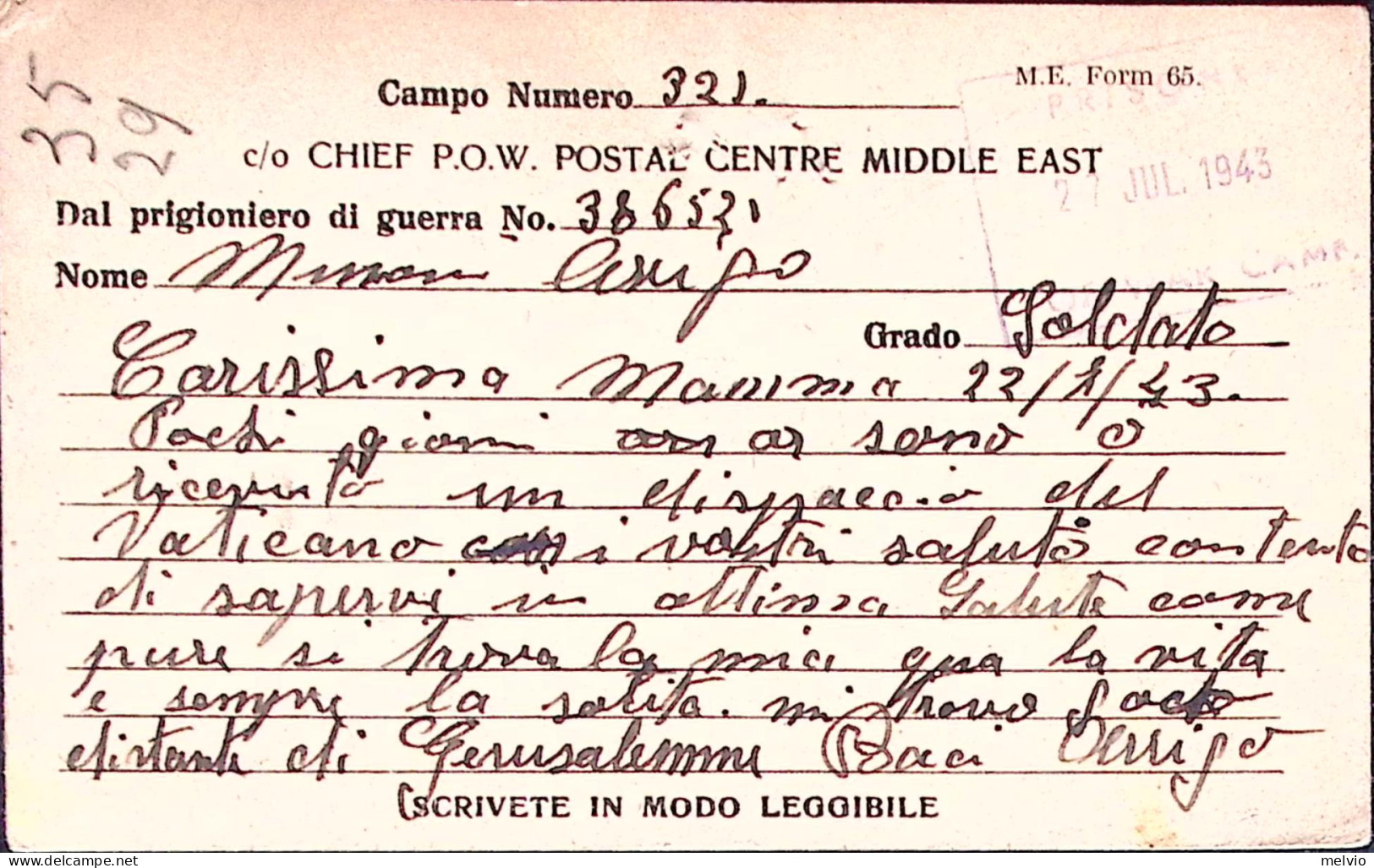 1943-P.W.CAMP 321 Manoscritto Al Verso Di Cartolina Franchigia Da Prigioniero Di - Guerra 1939-45