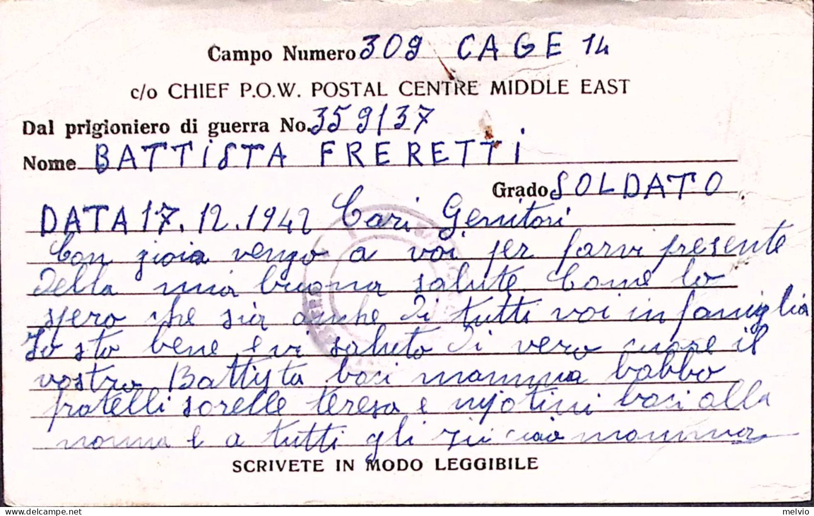 1942-P.O.W. CAMP 309 Manoscritto Su Cartolina (17.12) Da Prigioniero Di Guerra I - Guerra 1939-45