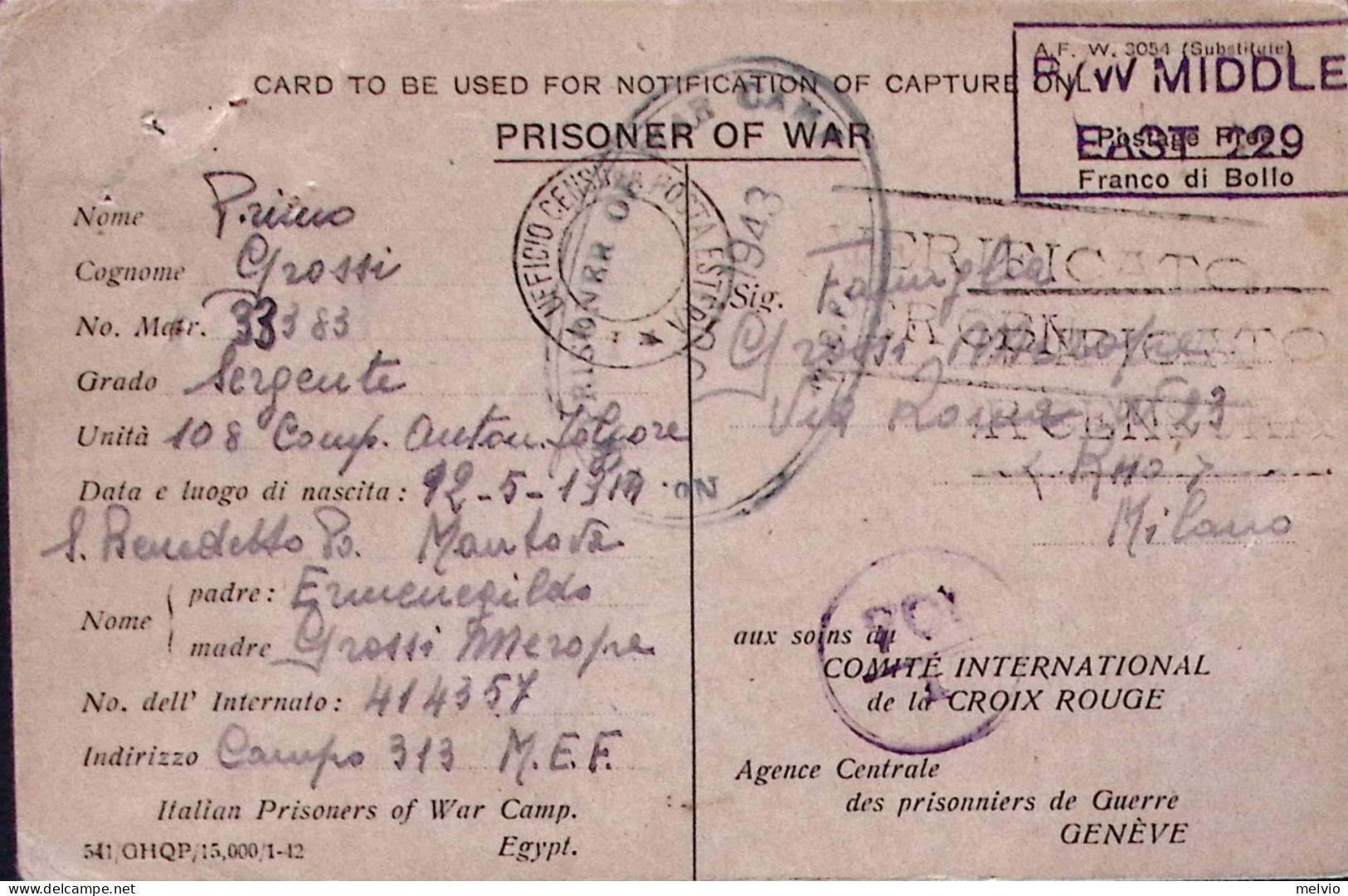 1943-P.O.W. CAMP 313 Ovale E Manoscritto Su Cartolina Franchigia (30.5) Da Prigi - Guerre 1939-45