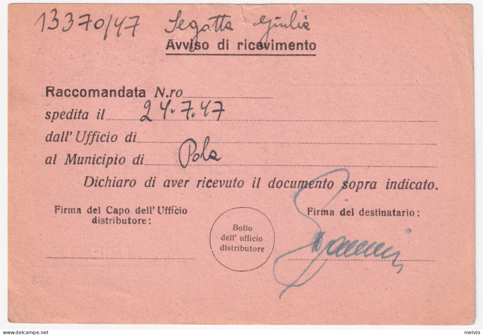 1947-A.M.G.-V.G Democratica Sopr.coppia Lire 3 Su Avviso Ricevimento Pola (21.4. - Marcofilía