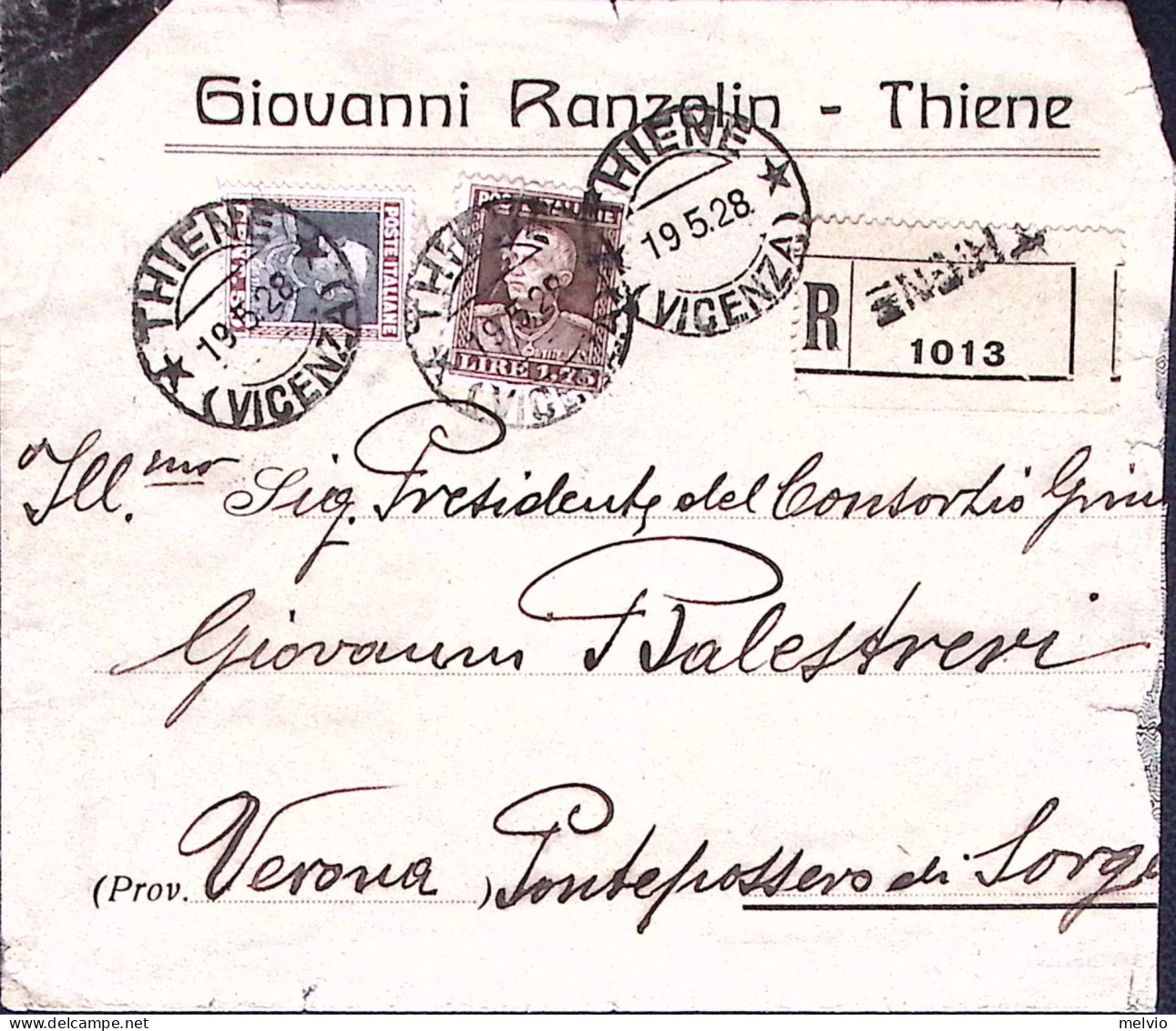 1928-PARMEGGIANI C.50 E Lire 1,75 Su Raccomandata THIENE (19.5) - Marcophilie