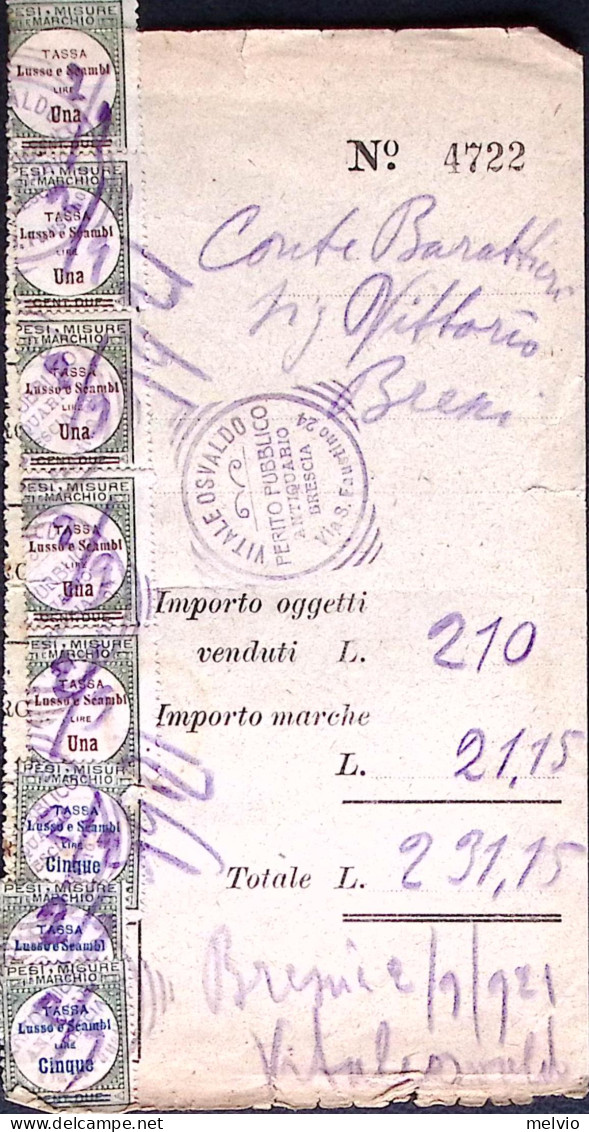 1921-PESI MISURE E MARCHIO Striscia Di Cinque C.1 +coppia C.5 Su Ricevuta Bresci - Marcophilia