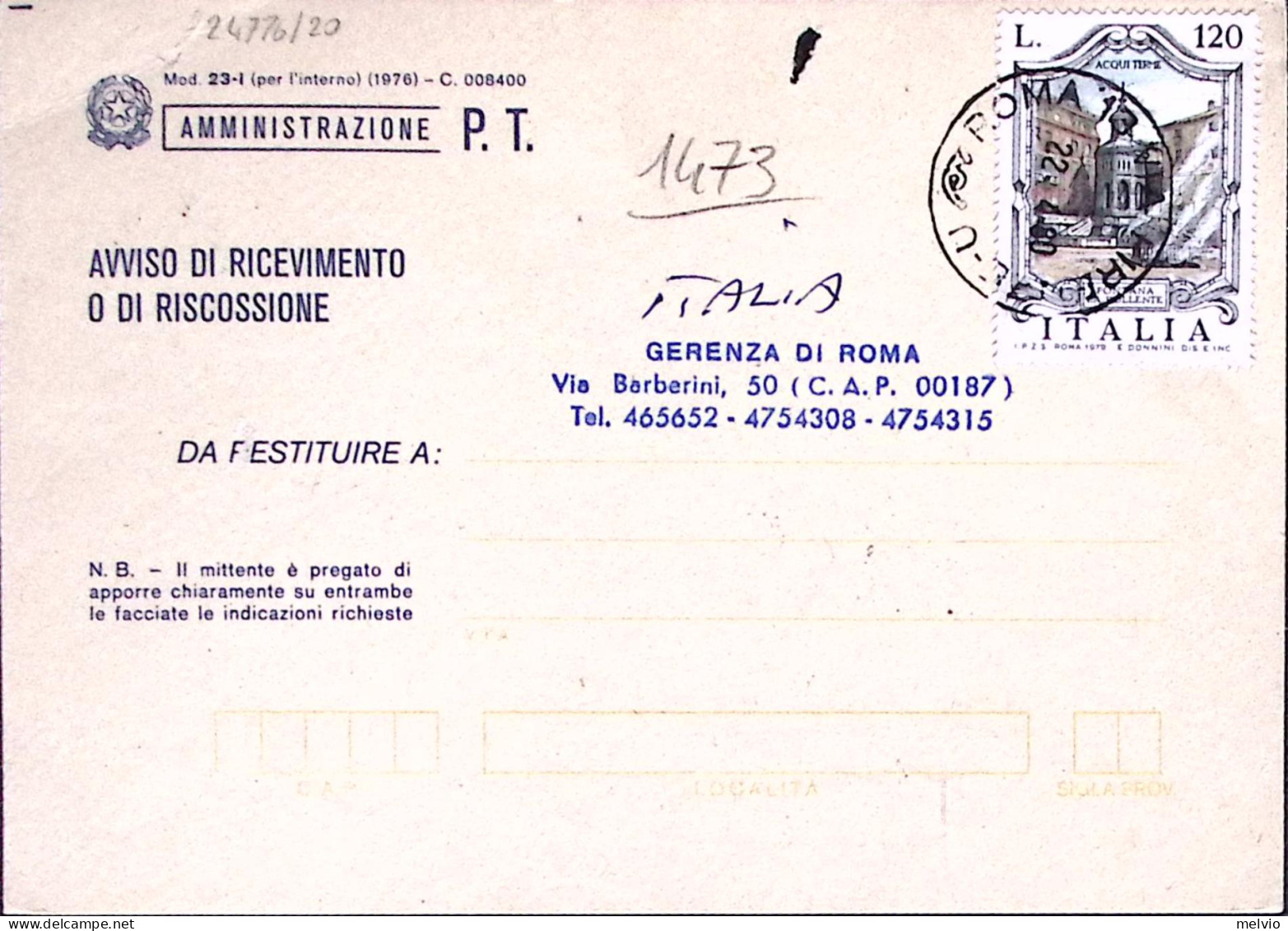 1980-ACQUI LA BOLLENTE Lire 120 Isolato Su Avviso Ricevimento - 1971-80: Poststempel