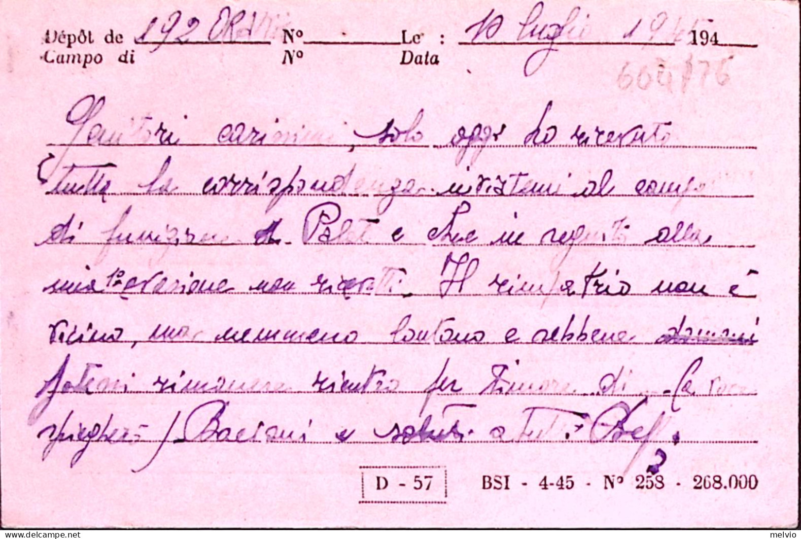 1945-DEPOT N.192 ORANO Manoscritto Su Cartolina Franchigia (10.7) Da Prigioniero - Guerre 1939-45